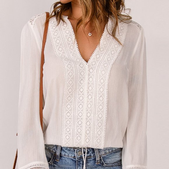 Boho Lace Applique White Blouse - Picture 4 of 10